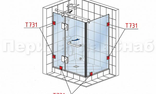 Коннектор для душевой кабины стена-стекло 90° 45х45 мм латунь-хром, полированный t731 PC 2