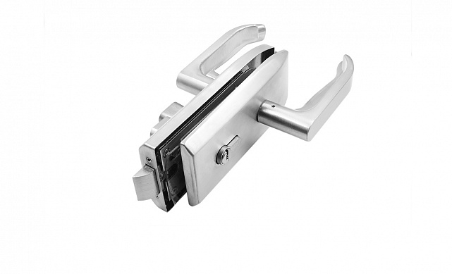 Замок для стеклянной двери с нажимной ручкой и притвором, евроцилиндр односторонний ключ/защелка, с ответной частью на стену, шлифованный t155-2 SSS  Замок для стеклянной двери с нажимной ручкой и притвором, евроцилиндр односторонний ключ/защелка, с ответной частью на стену, шлифованный t155-2 SSS