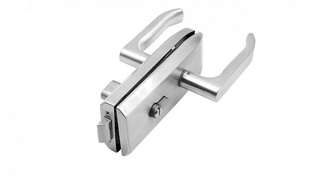 Замок для стеклянной двери с нажимной ручкой без притвора, евроцилиндр односторонний ключ/защелка, в комплекте ответная часть на стекло t155 SSS  Замок для стеклянной двери с нажимной ручкой без притвора, евроцилиндр односторонний ключ/защелка, в комплекте ответная часть на стекло t155 SSS