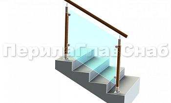 Ограждение с круглым деревянным поручнем с зажимными стеклодержателями и стойками с деревянными вставками в Казани. Готовые проекты ПерилаГлавСнаб