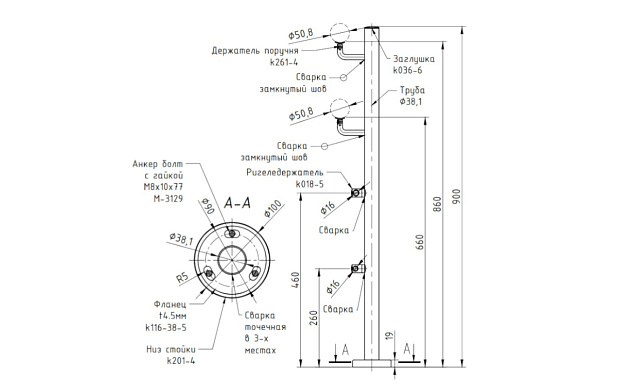 Стойка для пандуса: под 2 поручня Ø38,1-50,8 мм для инвалидов, 2 ригеледержателя, полированная, высота 900 мм, AISI 304 k750-6 Стойка для пандуса: под 2 поручня Ø38,1-50,8 мм для инвалидов, 2 ригеледержателя, полированная, высота 900 мм, AISI 304 k750-6
