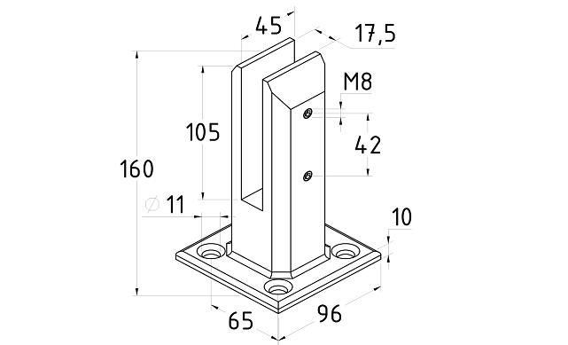 Стеклодержатель напольный 45х50х160 мм, литой, плоский, для стекла 10-12 мм, без сверления, нержавеющая сталь AISI 304, шлифованная k275-7 2