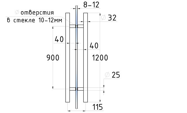Ручка для стеклянной двери рейлинг двухсторонняя для стекла 8-12 мм, 32х900х1200 мм, полировка t633-1200 PSS 2