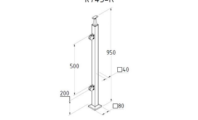 Стойка квадратная 40х40: 2 литых зажимных стеклодержателя, полированная, высота 950 мм (AISI 304) k745-R 2