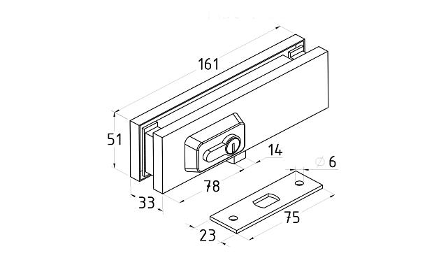 Замок для стеклянной двери угловой с круглым ригелем комплект, полированный t150 PSS 3