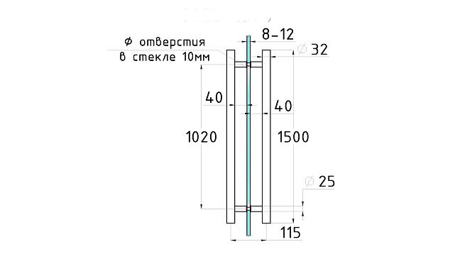 Ручка для стеклянной двери рейлинг двухсторонняя для стекла 8-12 мм, 32х1020х1500 мм, шлиф. t633-1500 SSS  3
