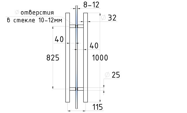 Ручка для стеклянной двери рейлинг двухсторонняя для стекла 8-12 мм, 32х825х1000 мм, полированная t633-1000 PSS 2