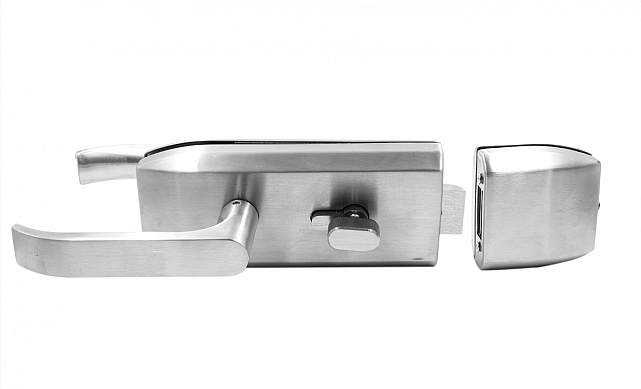 Замок для стеклянной двери с нажимной ручкой без притвора, евроцилиндр односторонний ключ/защелка, в комплекте ответная часть на стекло t155 SSS  6 Замок для стеклянной двери с нажимной ручкой без притвора, евроцилиндр односторонний ключ/защелка, в комплекте ответная часть на стекло t155 SSS  6