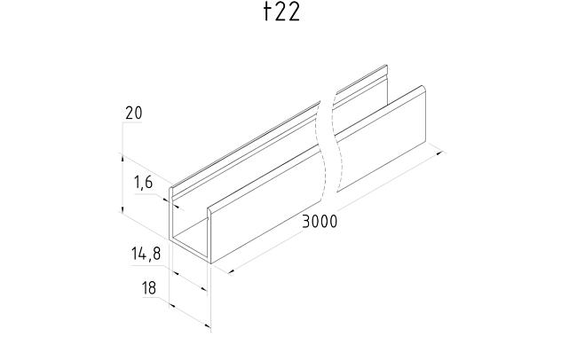 П-образный профиль 20 мм нижний, алюминиевый анодированный, длина 3000 мм т22 AL  4